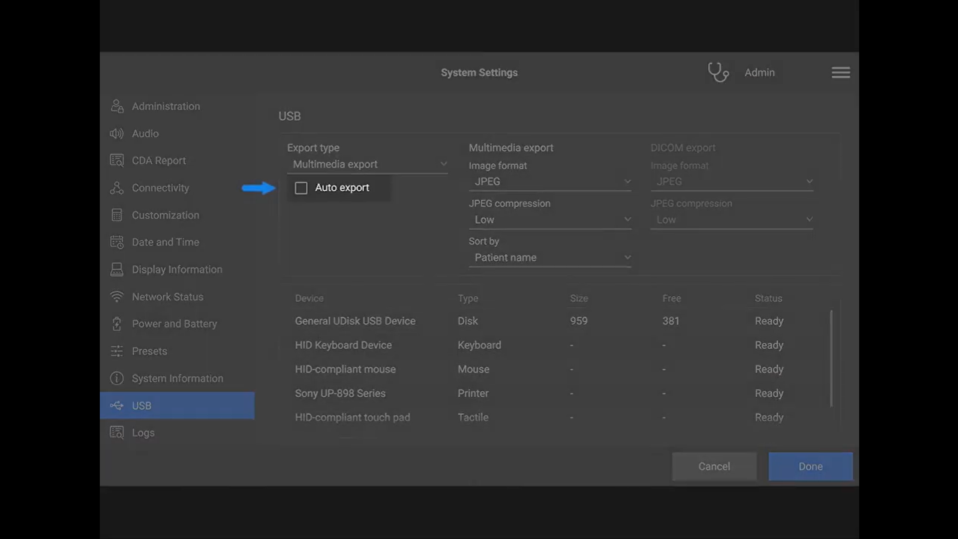 Picture of Sonosite PX menu on exporting data