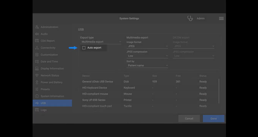 Picture of Sonosite PX menu on exporting data
